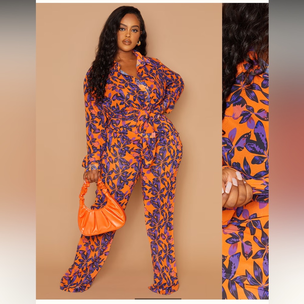 Pretty Little Thing Orange Print Beach Flare Pants